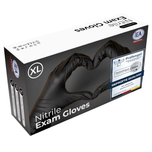 IEA Medical Nitrilhandschuhe XL Schwarz 100 Stück, Einweghandschuhe, Reißfest, Untersuchungshandschuhe, Latexfreie Handschuhe, Einmalhandschuhe