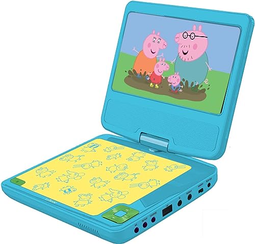 Lexibook, Peppa Pig, Tragbarer DVD-Player, 7“ drehbarer Bildschirm für Kinder, Fernbedienung, Kfz-Ladegerät, USB-Anschluss, wiederaufladbare Batterie, blau/gelb, DVDP6PP
