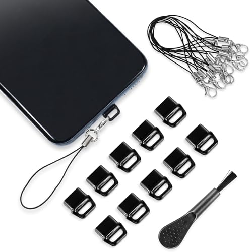 AOZUO 10 Stück USB C Staubstecker Abdeckung, Typ C Port Stecker mit 10 Stück Lanyard Telefonringband und Reinigungsbürste, Ladeanschluss Abdeckung USB C Port Kappen für Mobiltelefone (Schwarz)