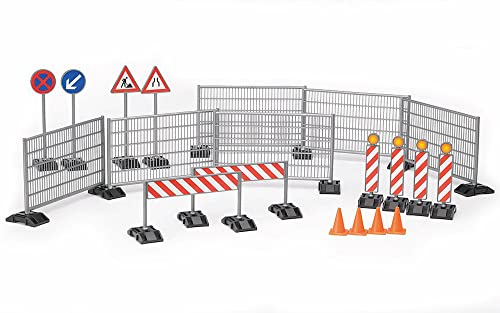 bruder 62007 - Zubehör Baustellenset, Zäune, Schilder & Pylonen - 1:16 Baustelle, Straßenbau, Bauarbeiten, Baufahrzeuge, Spielzeug, Gelb, Medium