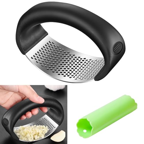 GGTTNRT Knoblauchpresse Edelstahl, Küchen Upgrade Garlic Press, Knoblauchpresse Wippe Mit Knoblauchschäler, Einfache Reinigung (Schwarz)