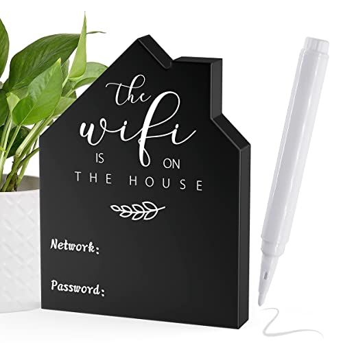 Wifi Passwortschild für Zuhause, Holztisch, Wifi-Schild, freistehend, Kreidetafel-Stil, Hausform mit Tafel, abwischbarer Stift für Zuhause, Geschäft, Gästezimmer, Tischdekoration (1)