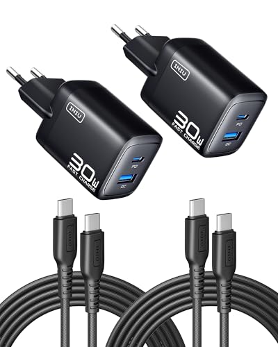 INIU 30W USB C Ladegerät 2-Pack, [USBC + USBA] Schnellladegerät mit Kabel, Gan PD 3.0 Mehrfach Netzteil, USB C Charger für iPhone 16 15 Pro Max, iPad, Galaxy S25 S24 S23 Ultra, Google ECC
