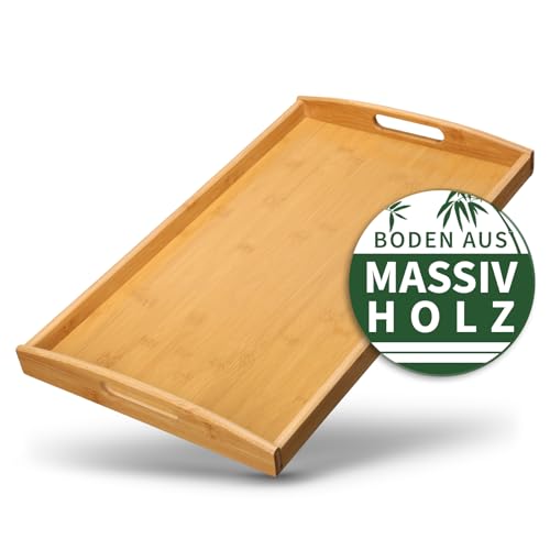 HEIMWERT Tablett Serviertablett Bambus Holz - besonders stabiles und leichtes Holztablett mit Griff - rechteckig Tablett Holz Serviertablett groß Serving Tray Küchen Deko Servierplatte (Natur)