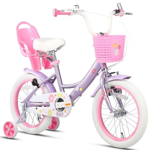 Glerc Maggie 14 Zoll Mädchen Fahrrad Alter 2 3 4 5 6 7 Jahre, Kinder und Kleinkinder Prinzessin Fahrrad Barbie Fahrräder mit Puppe-Sitz & Korb & Stützräder für Geschenk, Lila