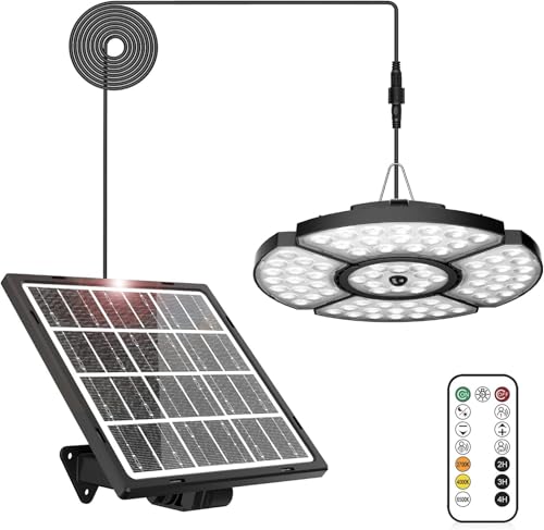 Linke Solarlampen für außen, 76 LED Solar Hängeleuchte, 270° verstellbare Solar Bewegungsmelder Leuchte mit Fernbedienung, 6 Modi 4 Verformte Köpfe Sicherheitsleuchte für Haus Hof Garage