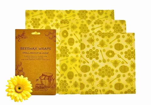 Natürliche BIO Bienenwachstücher für Lebensmittel im 3er Set, Lebensmittelverpackung, plastikfrei, natürlich, nachhaltig, umweltfreundlich und ökologisch abbaubare Verpackung
