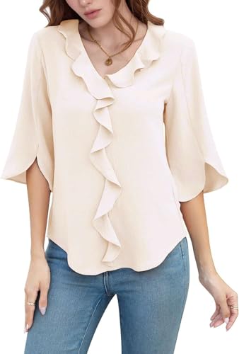 NAIOSS Damen Bluse Elegant 3/4 Ärmel Oberteile Sommer Shirts V-Ausschnitt Lotusblatt Rand Blusen Tunika Tops(beige/L)