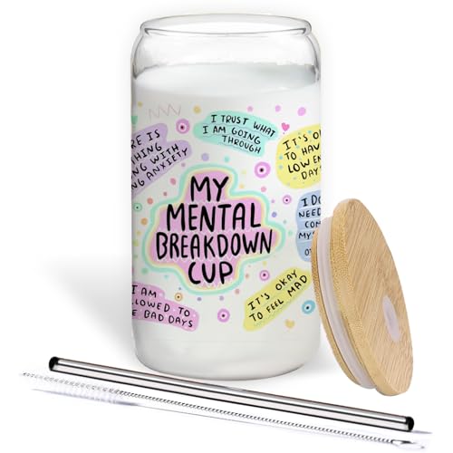 BEHIFL Positive psychische Gesundheit Geschenke – My Mental Breakdown Cup Glastasse mit Deckel und Strohhalmen, 400 ml, inspirierende tägliche Bestätigungen für Frauen, Glas-Kaffeebecher mit