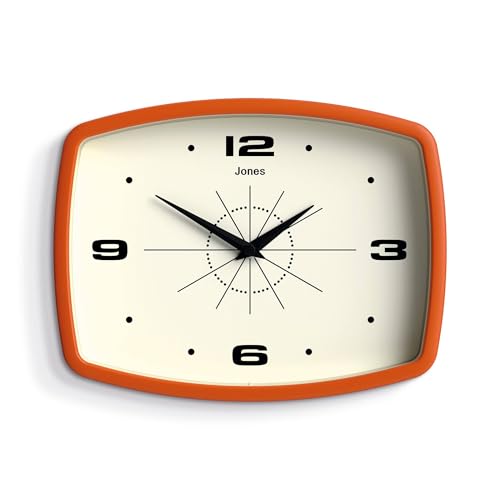 JONES CLOCKS® Movie Wanduhr | Retro rechteckige Uhr | 25cm | Orange | Cooler Designer-Look für Küche, Wohnzimmer oder Büro