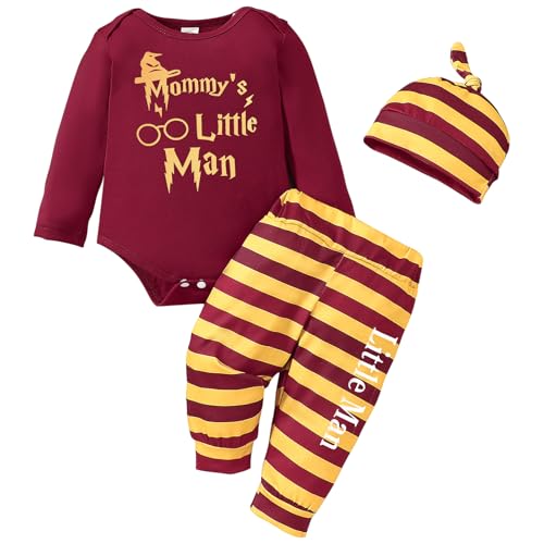 Asmea Baby Kleidung Harry Mommy's Little Man Neugeborene Jungen Mädchen Langarm Body + Hose + Hut Babyartikel Geschenk Junge Baby Shower 3PCS Babykleidung Neutral Rot