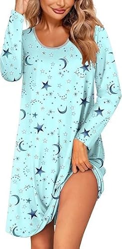 flintronic Nachthemd Damen, Lange Ärmel, Baumwolle Schlafshirt, Nachthemden für Damen, Damen Lounge Loose Rundhals, Weiche Schlafhemd, Nachtwäsche für Lounge, XL