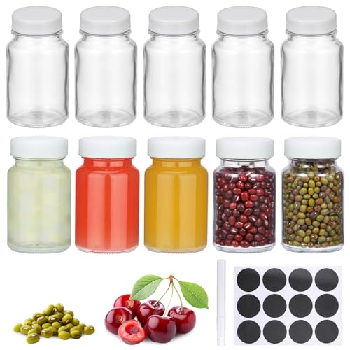 Hejo Kleine Shot Flaschen zum befüllen, 60ml Kleine Glasflaschen, Dicke Ingwer Schnapsflaschen, Mehrweg Breiter Mund Mini Shotgläser mit Deckel für Saft Smoothie Ingwer Shot(10 Stück, Weißer Deckel)