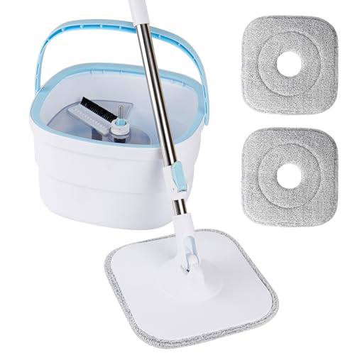 PTSUPLES Spin Mop- und Eimersystem mitTrennt Schmutz von Frischwasser,selbstwringendem 360° drehbarem quadratischem Mop-Kopf für Holz-,Fliesen- und Marmorböden,mit 2 austauschbaren Mikrofasermop-Pads