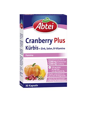 Abtei Cranberry Plus Kürbis - hochdosiert - Nahrungsergänzung für Bindegewebe, Schleimhaut und Immunsystem - mit Zink, Selen, Biotin und B-Vitaminen - 1 x 30 Kapseln (1er Pack)