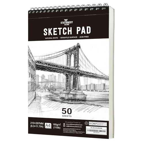 STATIONERY ISLAND Skizzenbuch, A4 Zeichenblock 180 g/m² Dickes Papier, 100 Seiten / 50 Bögen Spiralgebundenes DIN Sketchbook 1 Packungen