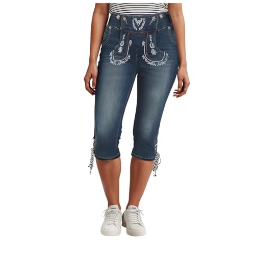 XIANUOJI Kurze Jeans Damen Trachtenjeans im Lederhosen Look - Kniebund Hose für Oktoberfest andere Festlichkeiten - Bequeme Passform Dank Stretch Einsatz (Blau, XL)