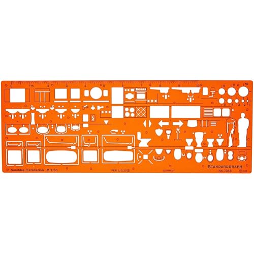 Standardgraph 1:50 Sanitär Schablone - Sanitärtechnik Designsymbole für Architekten und Ingenieure - Transparente Kunststoff Schablone für präzise Innenarchitekturpläne