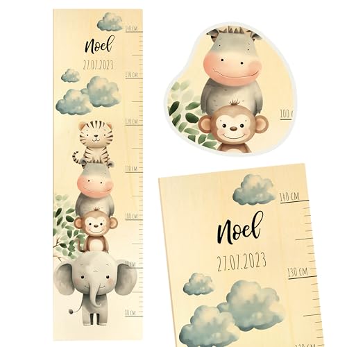 Geschenkfreude Messlatte Kinder personalisert 80-140cm - mit Tieren als Dekoration fürs Kinderzimmer - personalisierte Messlatte Kinder Holz - tolles Geburts Geschenk