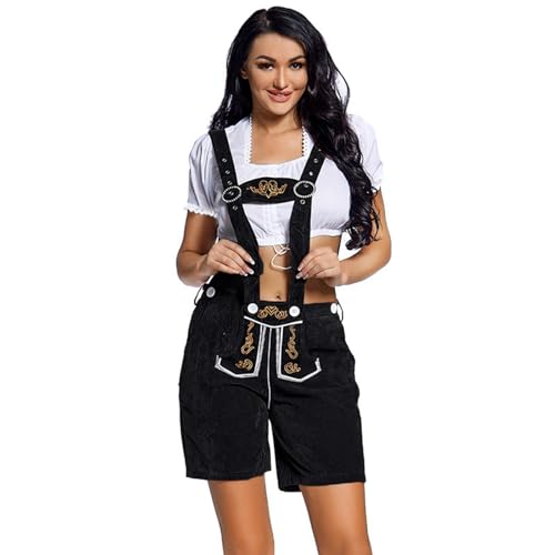 Lederhose Damen, Oktoberfest Outfit Damen, Bayerische Tracht Damen, Lederhose Damen Kostüm, Frauen Lederhose Trachten Deutsch Bayerische Oktoberfest Lederhose Komplett Outfit, Schwarz , 42