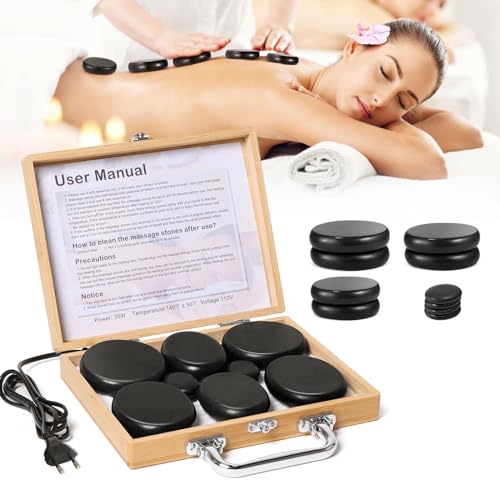 Ricyea Hot Stone Massage Set, 10 Heiße Steine, Massagesteine Set aus Basalt mit Bambuskiste, Hot Stone Wärmegerät für Spa, Entspannung, Massagetherapie, Geschenke für Mama