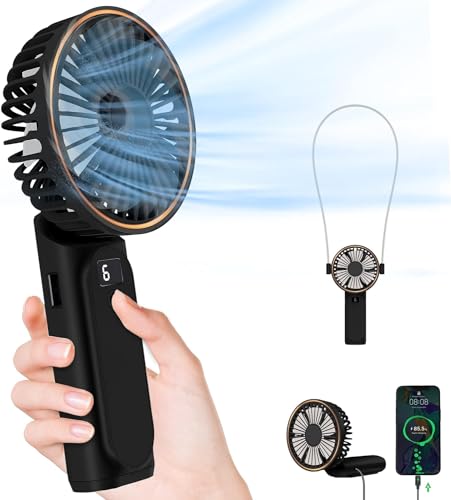 Handventilator, Tragbarer Mini-Ventilator mit 4000mAh, Handventilator mit LED-Display, 180° verstellbarer wiederaufladbarer Ventilator, 6 Geschwindigkeiten, tragbarer Ventilator auch als Powerbank