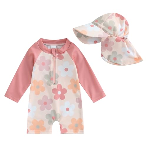 HodJIU Badeanzug für Babys, Mädchen, UV-Schutz, Schwimmanzug, langärmlig + Badekappe, Set für Neugeborene (rosa Blumen, 1-2 Jahre), Rosa Blumen, 1-2 Jahre