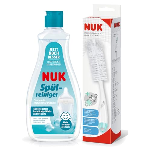 NUK Reinigungsset zur gründlichen Reinigung von Babyflaschen, Saugern & mehr | Spülreiniger 500 ml & 2in1 Flaschenbürste | entfernt hartnäckige Milch- und Breireste | frei von Duft- und Farbstoffen