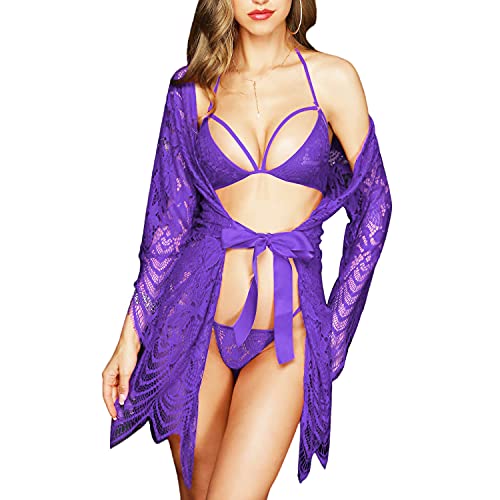 SEDEX 3 Stück Damen Dessous Set Kleid Spitze Negligee BH und Slip Nachtwäsche Transparente Robe Set Cardigan mit Gürtel G-String Bikini Cover up One Piece Lace Erotik Set Reizwäsche (Violett, 3XL)