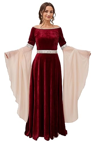 daizbella Renaissance-Kleid für Damen, Retro-Samtkleid, Mittelalter-Kostüm, handgefertigt, Fantasie-Kleid, claret, Groß