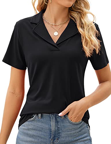 Rapbin Damen Poloshirt Kurzarm V-Neck Baumwolle Business Sommer Top Casual Polo Shirts Bluse Oberteil 2025 (Black, L)