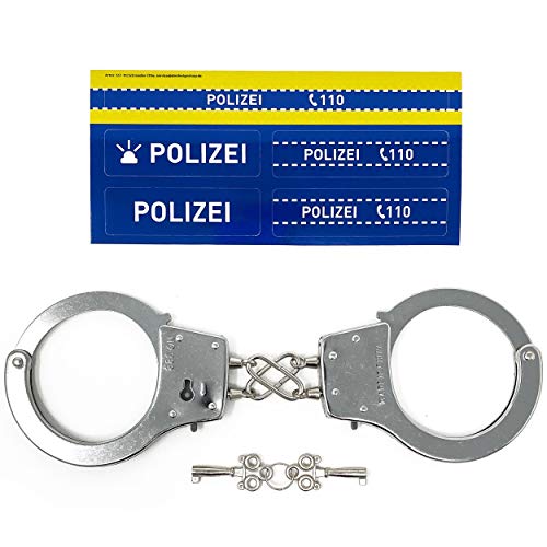 Polizei Handschellen Kinder aus Metall - Ausrüstung für das Polizei Kostüm Kinder | Mit Schlüssel & Sticker | Stabile Handcuffs auch für Erwachsene. Polizeikostüm Jungen Karneval