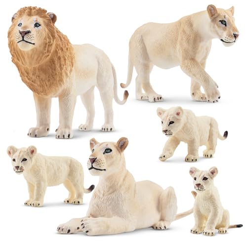 TOYMANY 6 Stück Weißer Löwe Tiere-Figuren mit Löwenbabys,Löwen Spielzeug Plastiktiere Zoo Wald Tierfiguren Dschungeltierfiguren, Lernspielzeug-Kuchenaufsatz,zum Spielen oder als Deko für Kinder
