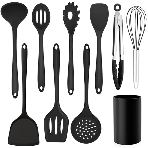 Homikit Küchenhelfer Set, 10 Stück Silikon Küchenutensilien Kochutensilien Set mit Utensilienhalter, Antihaft Hitzebeständiger Kochbesteck für Kochen Backen, Gesund & Spülmaschinenfest, Schwarz