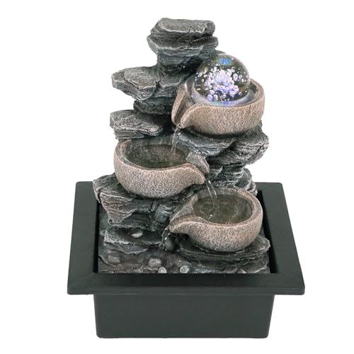 LEMODO Zimmerbrunnen “Fels” mit LED-Beleuchtung | Tischbrunnen mit beweglicher Glaskugel | dekorativer Zierbrunnen mit Wasserfall | Wasserbrunnen für Zuhause und Büro