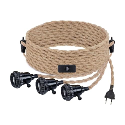 Hanfseil Pendellampe Kit mit Schalten und EU Stecker 3 Flammig Hängeleuchte E27 Fassung mit 8,5M Textilkabel Vintage Industrial Pendelleuchte mit Stecken für Küche Esstisch, ohne Glühbirne