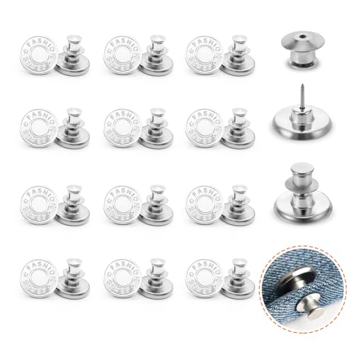 12 Stück Jeans Knöpfe Ohne Nähen, Knöpfe für Jeans, Hosenbund Enger Machen Knopf für Ersatz zum Erweitern oder Reduzieren der Hosengröße Jeansknöpfe 17mm (Silber)