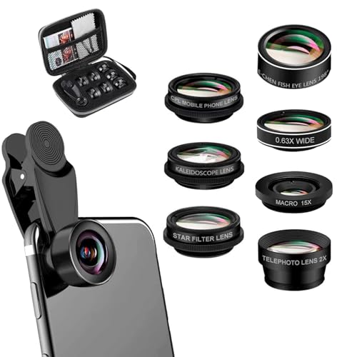 COMBLU 7-in-1-Objektiv-Set für Handy, Fischauge mit 198°, Weitwinkel 0,63x, Makro 15x, 2x Portrait, CPL, Starlight, Kaleidoskop