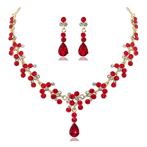Prosy Braut Strass Halskette und Ohrring Set Kristall Halskette Braut Party Hochzeit Schmuck Sets für Frauen und Mädchen (Rot)