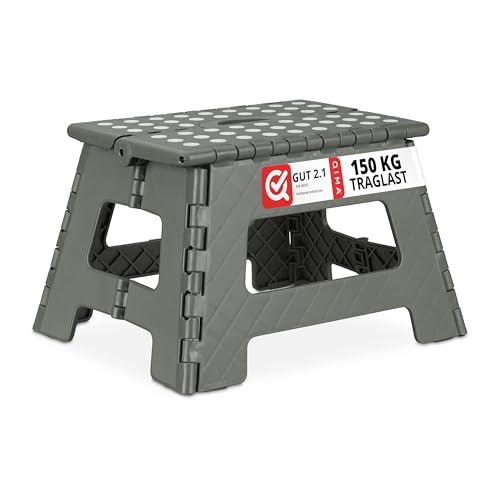 Relaxdays Klapphocker faltbar, Camping Hocker, Kinder Badhocker, bis 150 kg, Kunststoff, HBT: 22 x 35 x 28 cm, hellgrau, Grau, Weiß