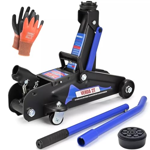 Hydraulischer Wagenheber 2T, 130-330 mm + Gummiuaflage + Handschuhe Rangierwagenheber Heber Auto Geländewagen, SUV, Jeep Wohnmobil Profi (Hubhöhe 130-330mm)