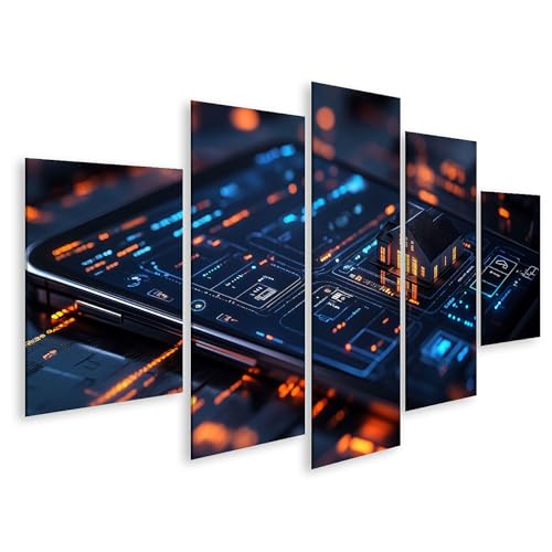islandburner Prime Bild auf Leinwand Haus auf futuristischem Interface mit Beleuchtung für Wohnzimmer Technikliebhaber Elektronikmarkt Bilder Wandbilder Poster