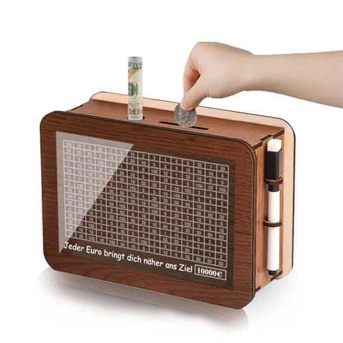 KJSXUUE Spardose aus Holz mit Zähler 10000€– Wiederverwendbare Retro Sparbüchse – Sparbox mit Zahlen zum Ankreuzen, inkl. Marker – Perfekt für individuelles Sparziel und Aufbewahrung (braun, 10000)