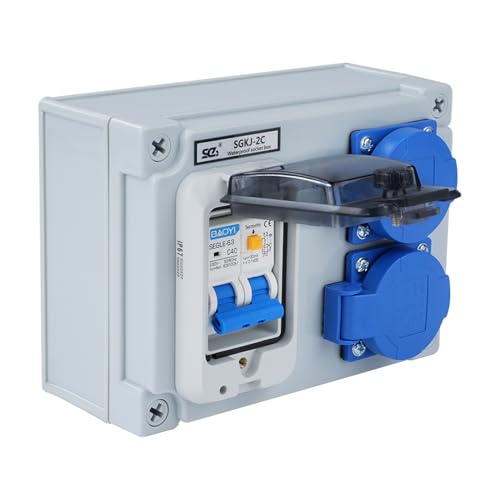 Baustromverteiler 16A Stromverteiler Starkstrom verteiler Wandverteiler mit 32A 1P+N FI Schalter Stromverteiler 16A mit 2 Steckdosen (250V 2-poliger Baustromverteiler) IP54 Wasserdicht.