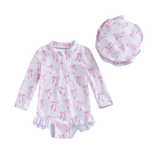 HKYFNNBW Rashguard-Badeanzug für Kleinkinder, Babys, Mädchen, langärmelig, Blumen-/Eiscreme-Druck, Badebekleidung mit Sonnenhut, Elfenbeinfarben 3, 68