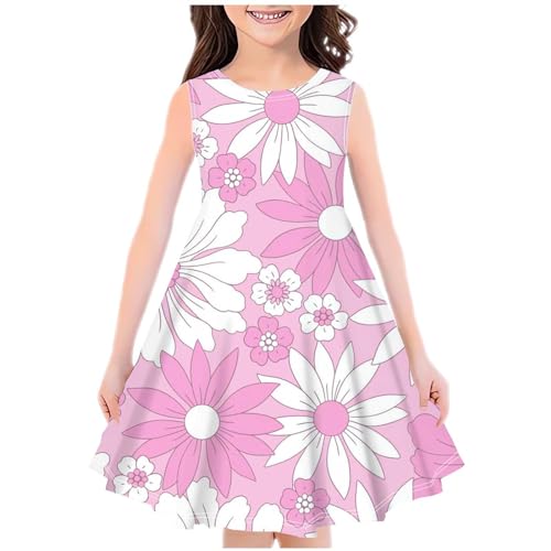 KODMNSW Kleid Mädchen Sommerkleid Festliche Kleider Mode Drucke Strandkleid Partykleid A Linie Kinderkleider Freizeitkleid Kleidung für Kinder Teenager 4-14 Jahre Rosa 11-12 Jahre