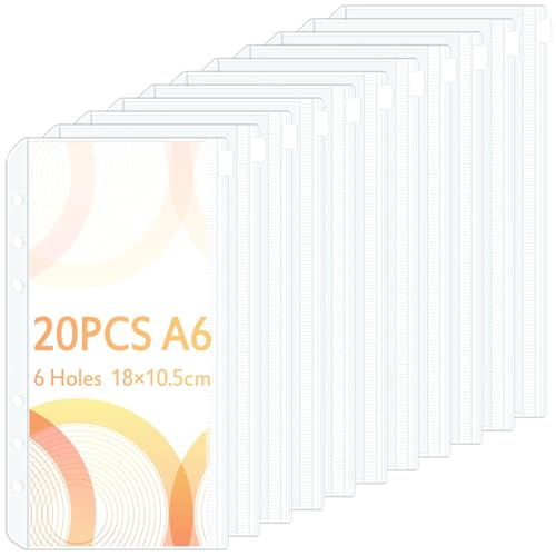 20 Stück A6 Binder Taschen, Caianwin PVC 6-Loch Reißverschluss Ordner,Wasserdicht Kunststoff Bindertaschen, Transparent Geld Budget Umschläge, Budget Planer Zubehör für Binder A6