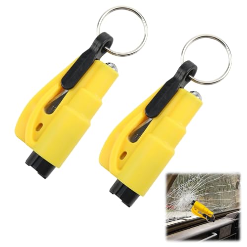2PCS Auto-Sicherheits-Schlüsselanhänger, Nothammer mit Gurtschneider, Sicherheits Rettungswerkzeug am Schlüsselbund, Fensterbrecher und Sicherheitsgurtschneider, Gelb