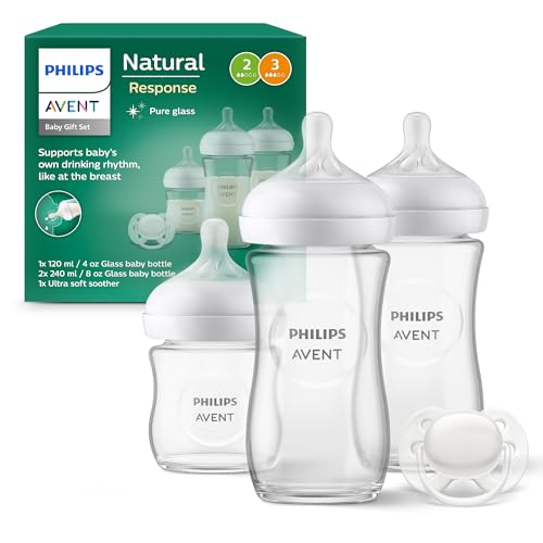Philips Avent Babyflaschen aus Glas, Geschenkset für Neugeborene – 3 Babyflaschen Natural Response, ultra soft Schnuller, für Babys von 0–6 Monaten und älter (Modell SCD878/11)