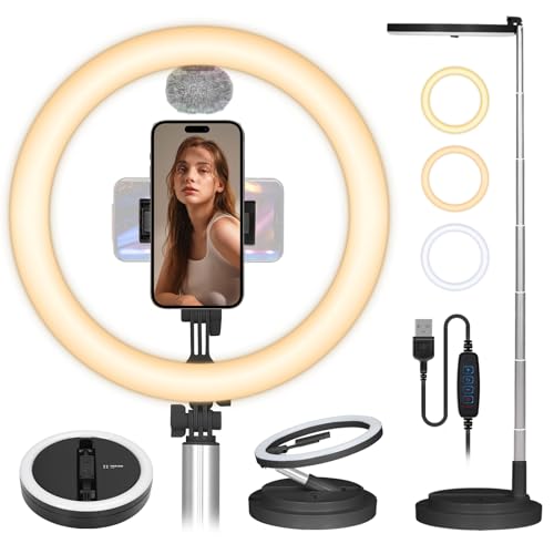 TARION Faltbares Ringlicht mit LED Ringleuchte: Selfie Tisch Ring mit Telefonhalterung & Cold Shoe Mount Einstellbare Höhe & Helligkeit Großes Ringlicht für Live Streaming Video Fotografie Y3 Schwarz